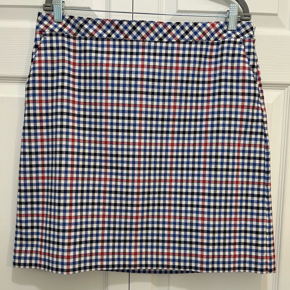 Talbots Women's Skirt 14P Red White Blue/Black Striped A-Line Lined Side Zipper.